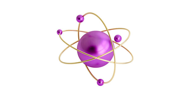 Isolated abstract atom model with metallic purple nucleus and golden electron orbits, scientific illustration