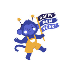 : Cute blue monkey character holding a Happy New Year flag banner © Rose Graphics