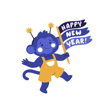 : Cute blue monkey character holding a Happy New Year flag banner
