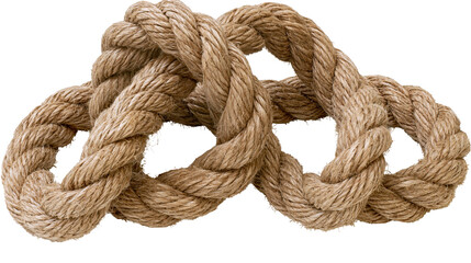 Isolated brown textured natural fiber rope forming a decorative, intertwined knot pattern © Ioana
