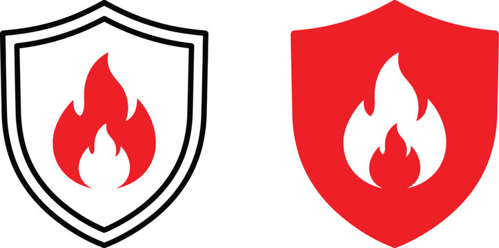 Set of two shield icons with red fire flame symbols for security and safety design
