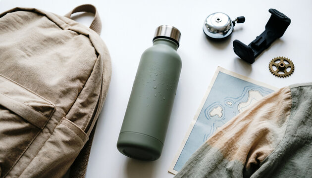 Outdoor travel flat lay with canvas backpack, sage green stainless steel water bottle, bicycle bell, folded map and jacket on white background