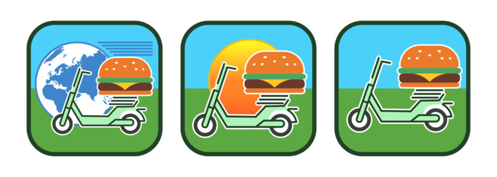 Vector set of colorful flat icons. Food delivery button. Graphic electric scooter. Planet Earth, sun and burger. Bun, greens, cheese and meat. Collection cartoon stickers. Isolated