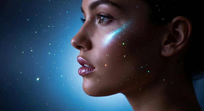 Profile of a person's face with glitter particles, evoking a sense of magic and wonder, perfect for cosmetic or fantasy themes