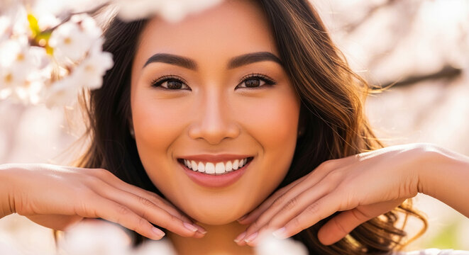 Close-up of a smiling woman's face framed by soft white flowers, representing spring, beauty, and new beginnings