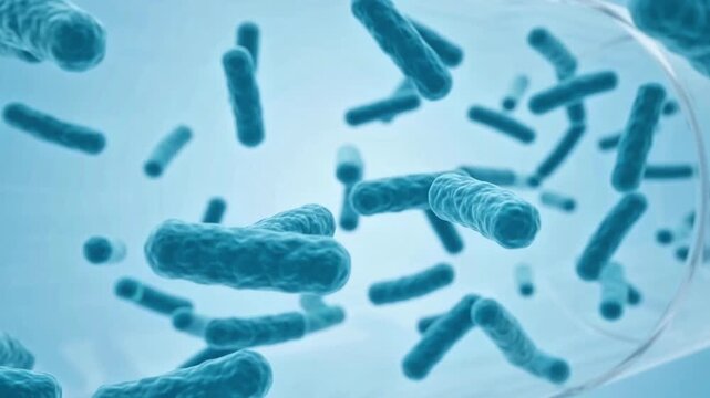 Microscopic 3D animation of blue rod shaped bacteria floating
