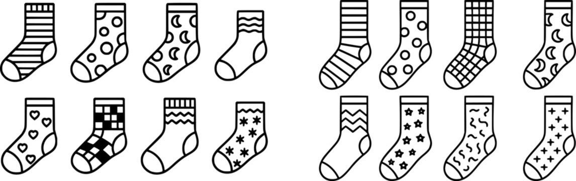 A collection of eight stylish socks featuring various patterns and designs, each with unique textures and styles, arranged neatly against a plain background