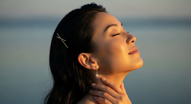 Close-up of a woman's face with eyes closed, bathed in warm sunlight, symbolizing peace, beauty, and serenity by the water
