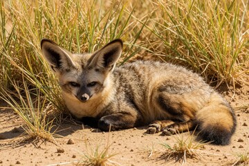 Fototapeta premium Bat-eared fox rests on dry sandy ground in African savanna. Wild mammal with large ears lies near tall yellow grass. Predator stays alert in natural habitat. Small carnivore sits in hot desert