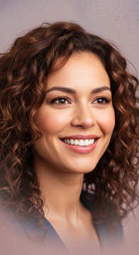 Close-up of a woman's smiling face with curly brown hair and brown eyes, showcasing natural beauty and radiance, symbolizing happiness and positivity.