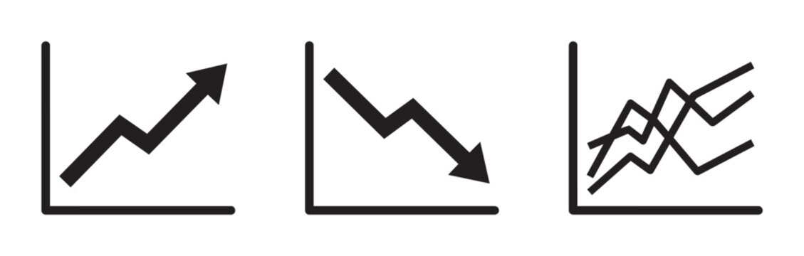 Growth and decline graph icons set with up and down arrows and multiple lines, business analytics and data visualization