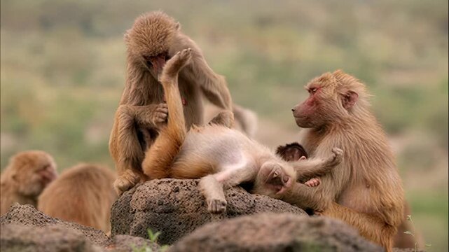 Olive baboons grooming each other while resting on a rocky outcrop in the African savanna