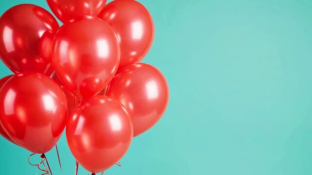 Bunch of shiny red balloons against a turquoise background with copy space