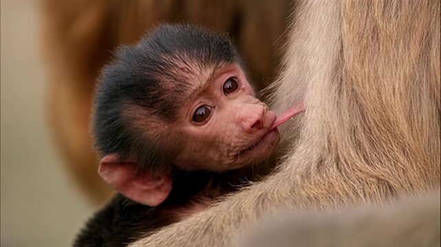 A young baboon infant interacting closely with its mother in a natural wildlife environment