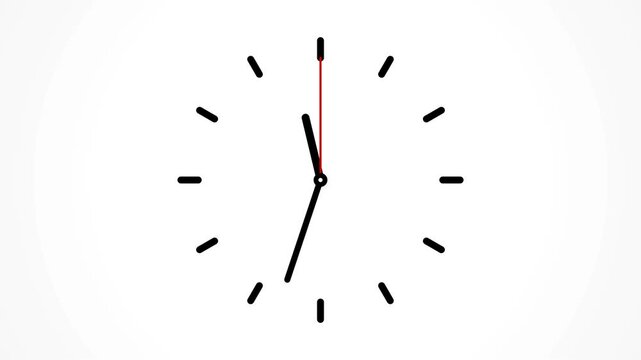 Minimalist analog clock with simple black ticks and a red second hand, representing time management and passing deadlines, for business presentations and productivity tracking.