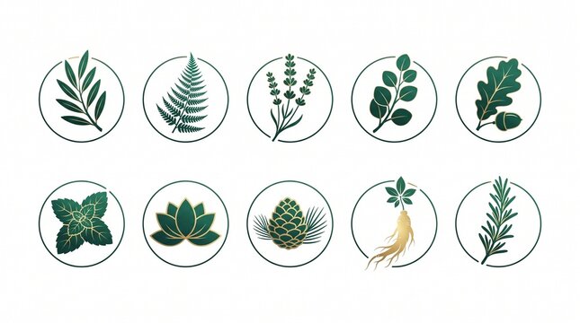 Set of luxury green and gold botanical icons in circular frames featuring leaves, fern, lavender, eucalyptus, oak, pinecone, and ginseng root.   