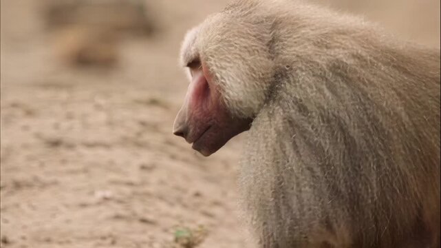 Close up of a hamadryas baboon resting in a natural savanna environment during the daytime
