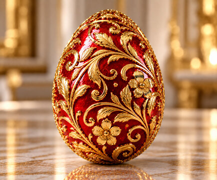 Red and Gold Luxury Easter Egg with Ornate Floral Baroque Pattern