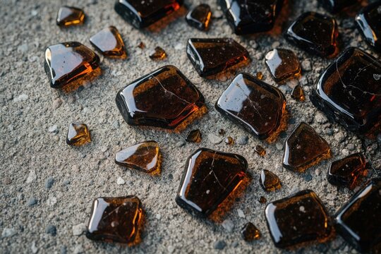 Broken brown glass shards lie scattered on grey concrete ground. Sharp amber bottle fragments create messy texture on cement surface. Close up view of shattered glass pieces representing waste,