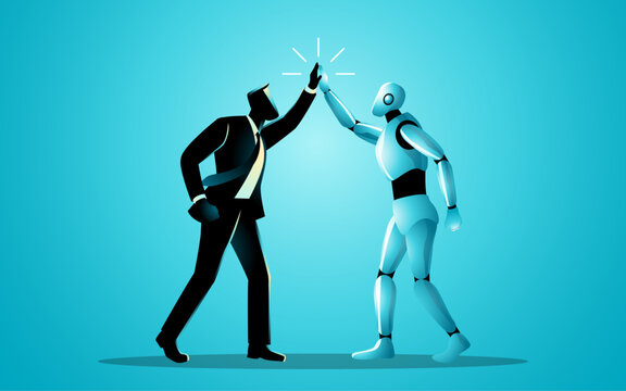 Business collaboration concept showing a businessman and humanoid robot celebrating together with a high five, symbolizing human-AI collaboration, digital transformation, and technology integration.