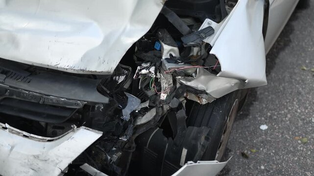 Detailed view of a wrecked car engine immediately following an accident with broken mechanical parts scattered across the damaged vehicle illustrating severe collision damage
