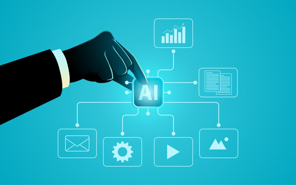 Agentic AI implementation concept showing a businessman activating an AI system connected to analytics and computer applications for automation, representing AI agents and autonomous workflows.