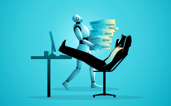 Business automation concept showing a humanoid AI robot handling multiple tasks while a businessman relaxes in the office, representing AI-powered productivity, task automation, virtual assistance.