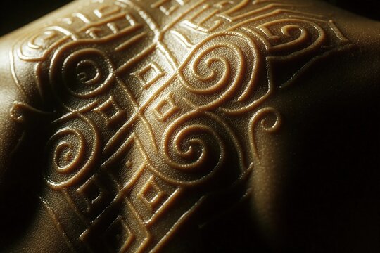 Close up view of human skin with glowing embossed patterns. Intricate relief tattoos scarification marks decorate person back. Mysterious golden light highlights textured tribal design, body art on