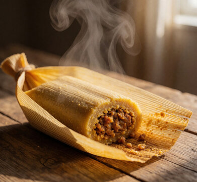 Hot steaming tamale with meat filling rests on corn husk over rustic wooden table. Traditional Mexican food served fresh in authentic way. Delicious homemade corn masa snack with savory pork beef