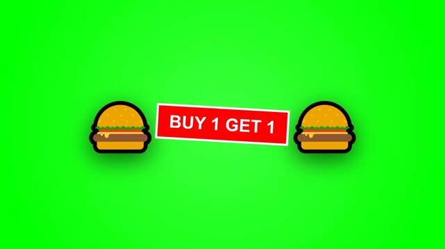 Buy 1 get 1 burger promotion label set on green background
