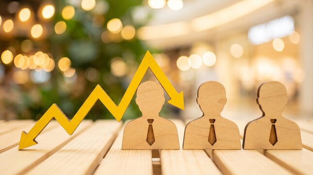 Wooden Human Figures with Fluctuating Yellow Arrow Showing Economic Crisis and Downward Business Trend Concept