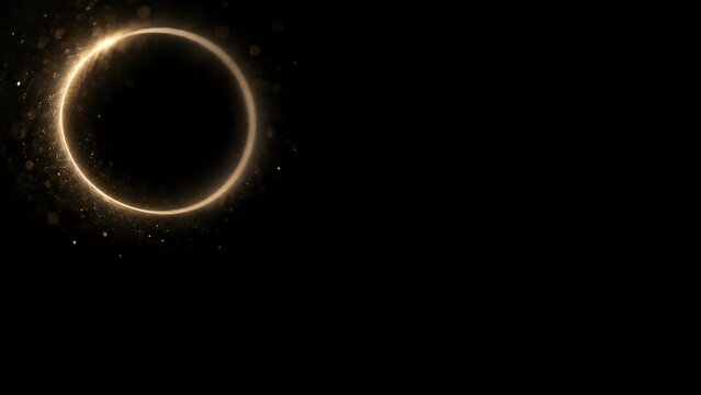 Glowing golden ring on black background, with scattered particles, keywords: ring, circle, glowing