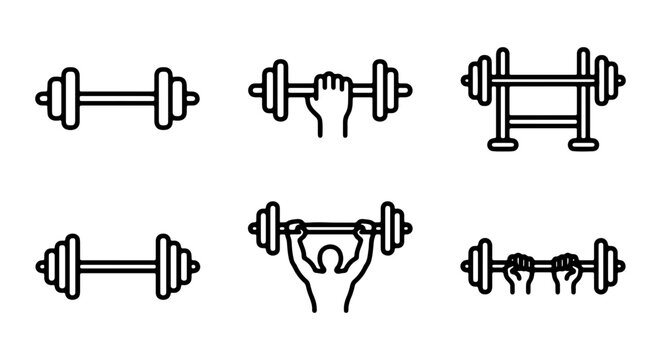 Minimalist barbell icons set, vector gym equipment symbols for fitness design