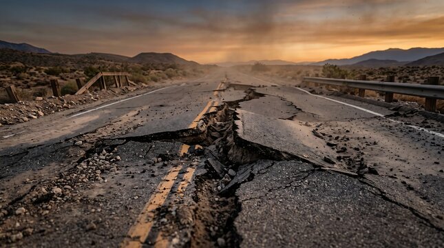 Cracked asphalt road after an earthquake in a desert landscape