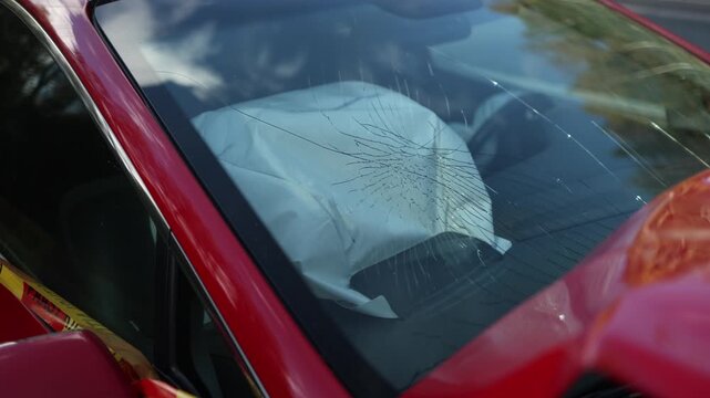 Close up of a deployed airbag inside a crashed vehicle seen through a heavily damaged windshield showing broken glass and clear evidence of a road collision