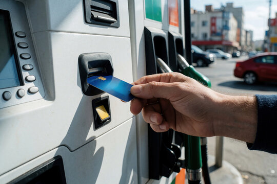 Male hand inserts blue credit card into gas pump reader at service station. Driver makes cashless payment for fuel in city. Close up of electronic transaction at petrol station during daytime in