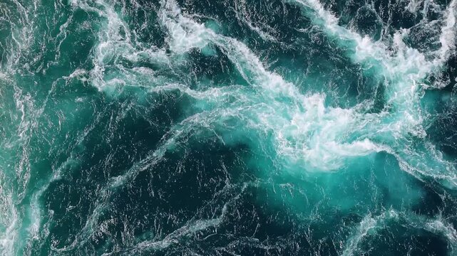 Dynamic turquoise ocean water with powerful white turbulent waves in motion.