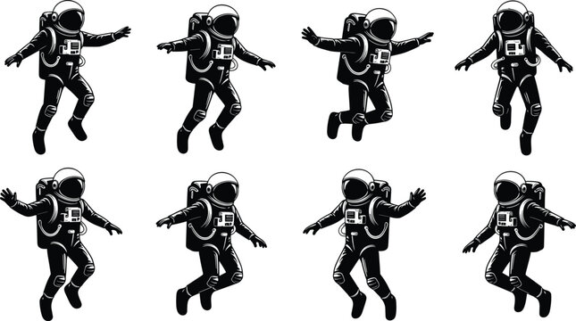 Astronaut silhouette icon set, space exploration illustration, zero gravity pose graphic, astronaut suit design pack, black and white artwork