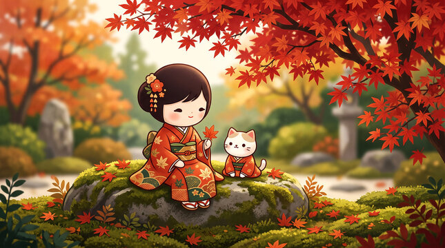 紅葉の日本庭園で着物を着て猫と並んで座る女の子のデフォルメイラスト