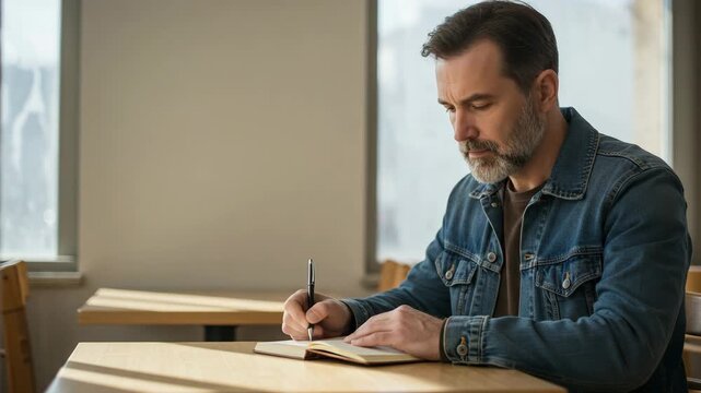Middle-aged man writing in a notebook at a wooden table indoors  