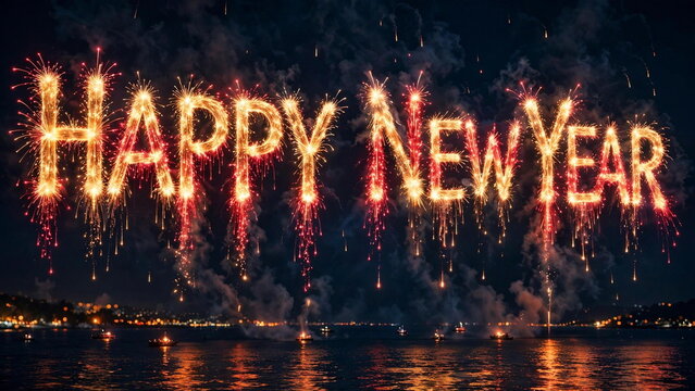 Happy New Year bursting as golden fireworks over a midnight sea