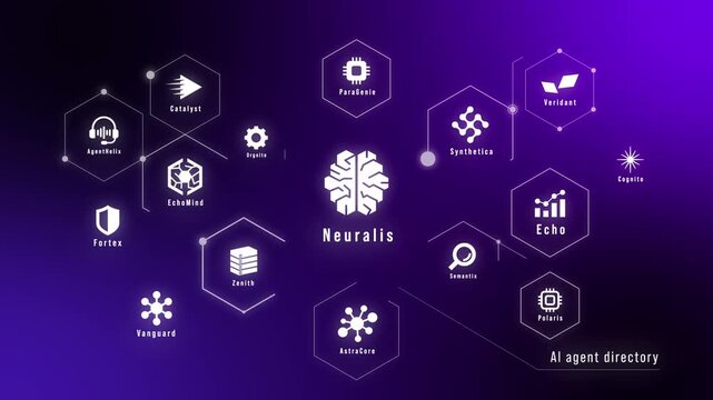 AI Agent Directory Dark Autonomous AI Workflow Network Visualization Motion Graphics Loop