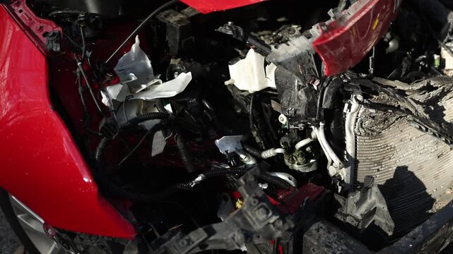 Close up of a severely damaged car engine immediately after a crash with broken mechanical components scattered around showing serious vehicle damage and collision aftermath
