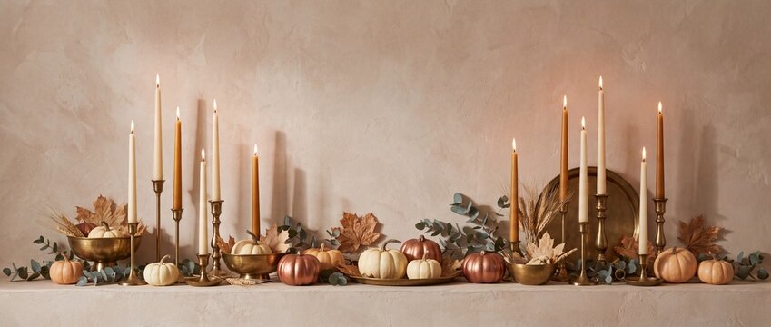 Elegant Thanksgiving mantel decoration banner with burning taper candles, mini pumpkins, brass accents, and fall foliage on warm textured wall with copy space