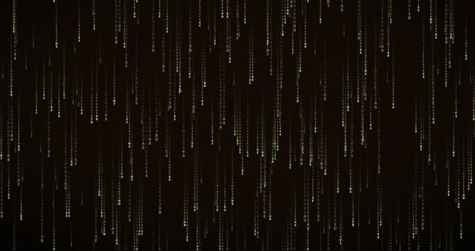Hexadecimal code symbols cascade in a slow, layered matrix rain animation with a warm amber glow.