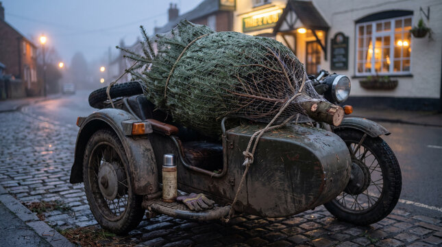 Vintage Motorcycle Carrying Christmas Tree on Foggy Street