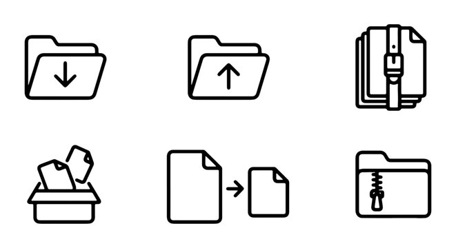 Minimalist vector icons set of file management, folder download and archive compression symbols
