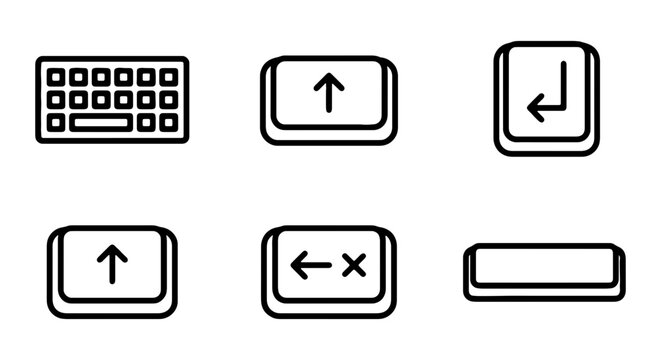 Minimalist keyboard icons vector set, black outline computer keys and symbols for UI design