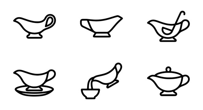 Minimalist gravy boat vector set, outline sauce boat icons for restaurant menu design