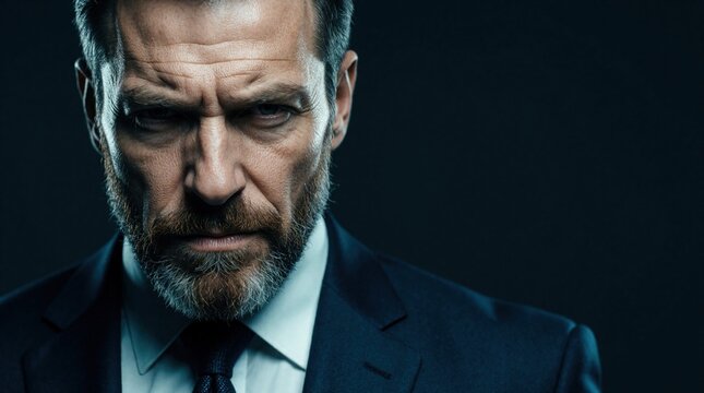 Angry middle aged businessman with beard stares intensely at camera. Aggressive male boss shows toxic leadership, hostile emotion in office. Mean manager with serious facial expression creates